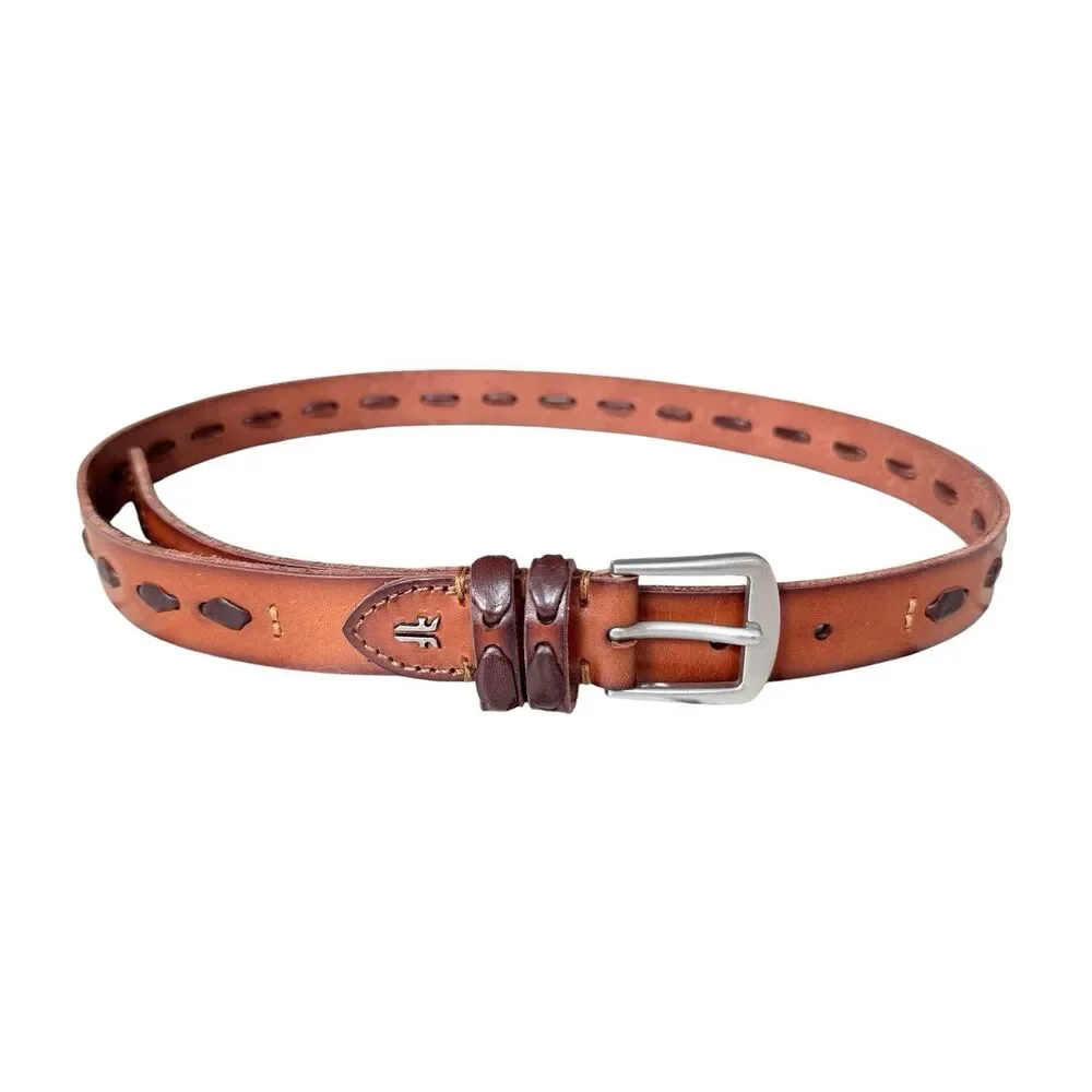 Frye Cognac Leather Belt Silver Buckle Womens Small Woven Detail Style 34DC053